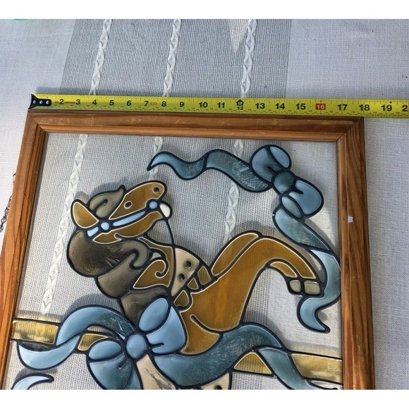 VTG Painted Glass Carousel Horses Window Panel Wood Frame‎ 22"x18" Hanging Art - Picture 10 of 11